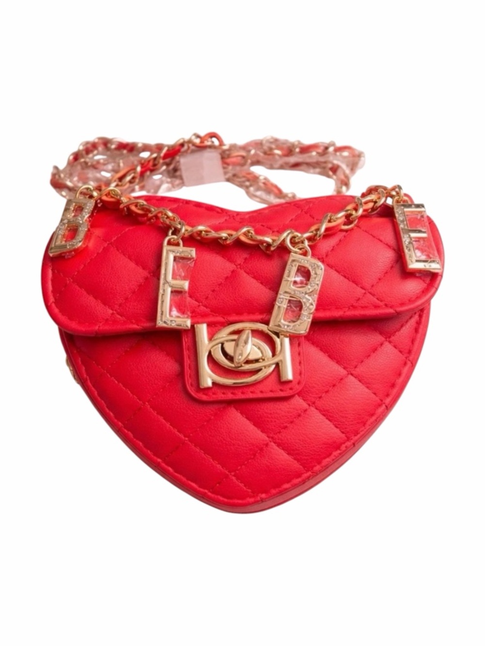 BeBe Diamond Quilted Heart Crossbody Bag in Red Solana Chain Strap Gold - Picture 2 of 4